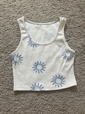 Very Girl White Ribbed Tank Top with Blue Sun Motif